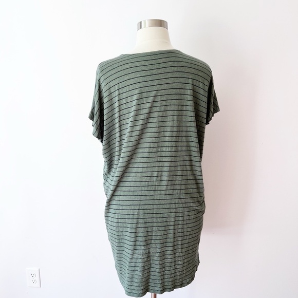 Eileen Fisher Organic Linen Striped V-Neck T-shirt Dress Nori Green, Lagenlook - Picture 3 of 6